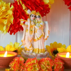 Hindu God Radha Krishna Statue - 5.7" H Marble Color India Murti Pooja Item for Indian Couple Valentine’s Day Gifts for Indian Man Women Lady Lord Krishna Idol
