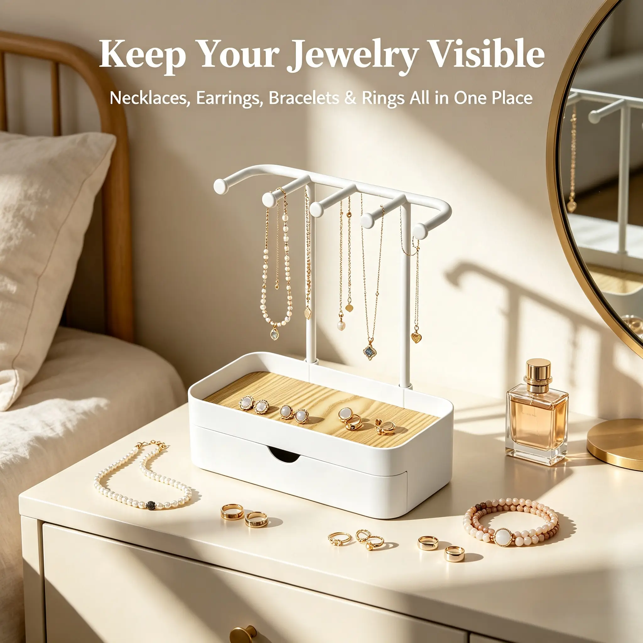 Jewelry Organizer Stand with Hooks & Storage Drawer,Wholesale Jewelry Storage Box Hanging Rack,Vanity Display Holder for Necklaces, Earrings, Rings & Keys, Bedroom Decor