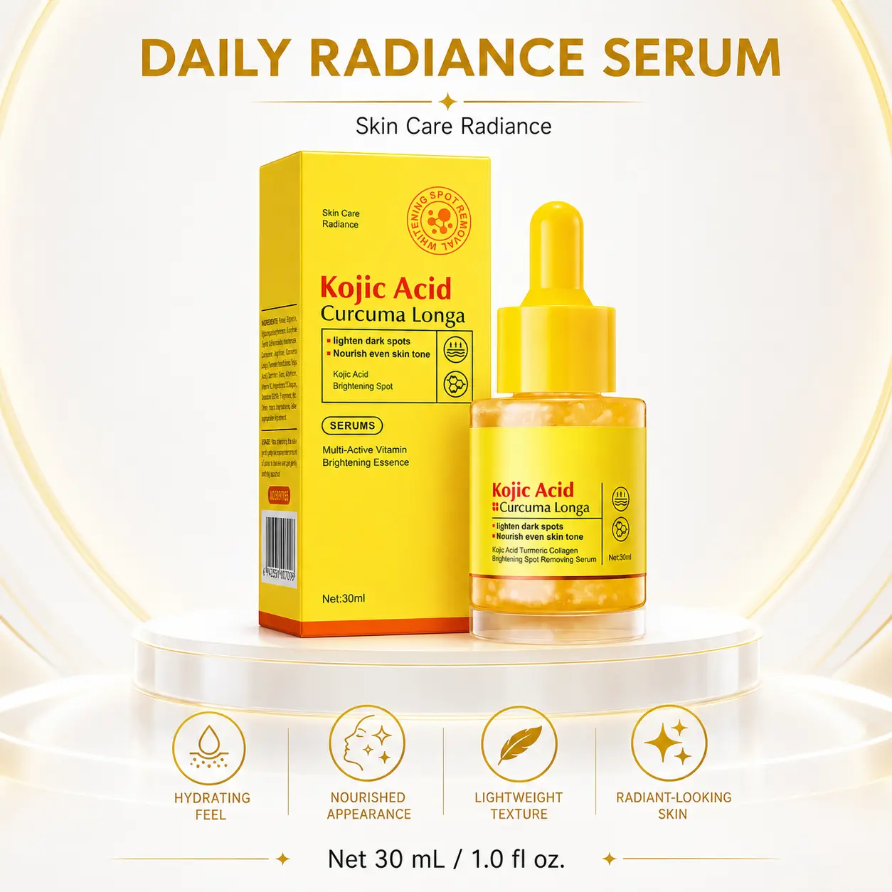 Kojic Acid & Turmeric Facial Serum, Hydrating Daily Radiance Serum with Niacinamide and Vitamin C, Lightweight Skin Care, 30 mL