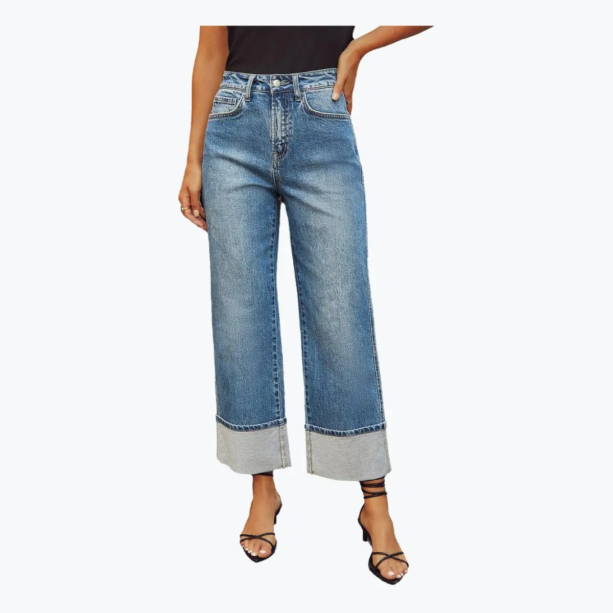Women's Retro Straight Leg Denim Pants, Stylish High-Waist Cuffed Bottoms in a Breathable Cotton Elastane Blend, Jeans