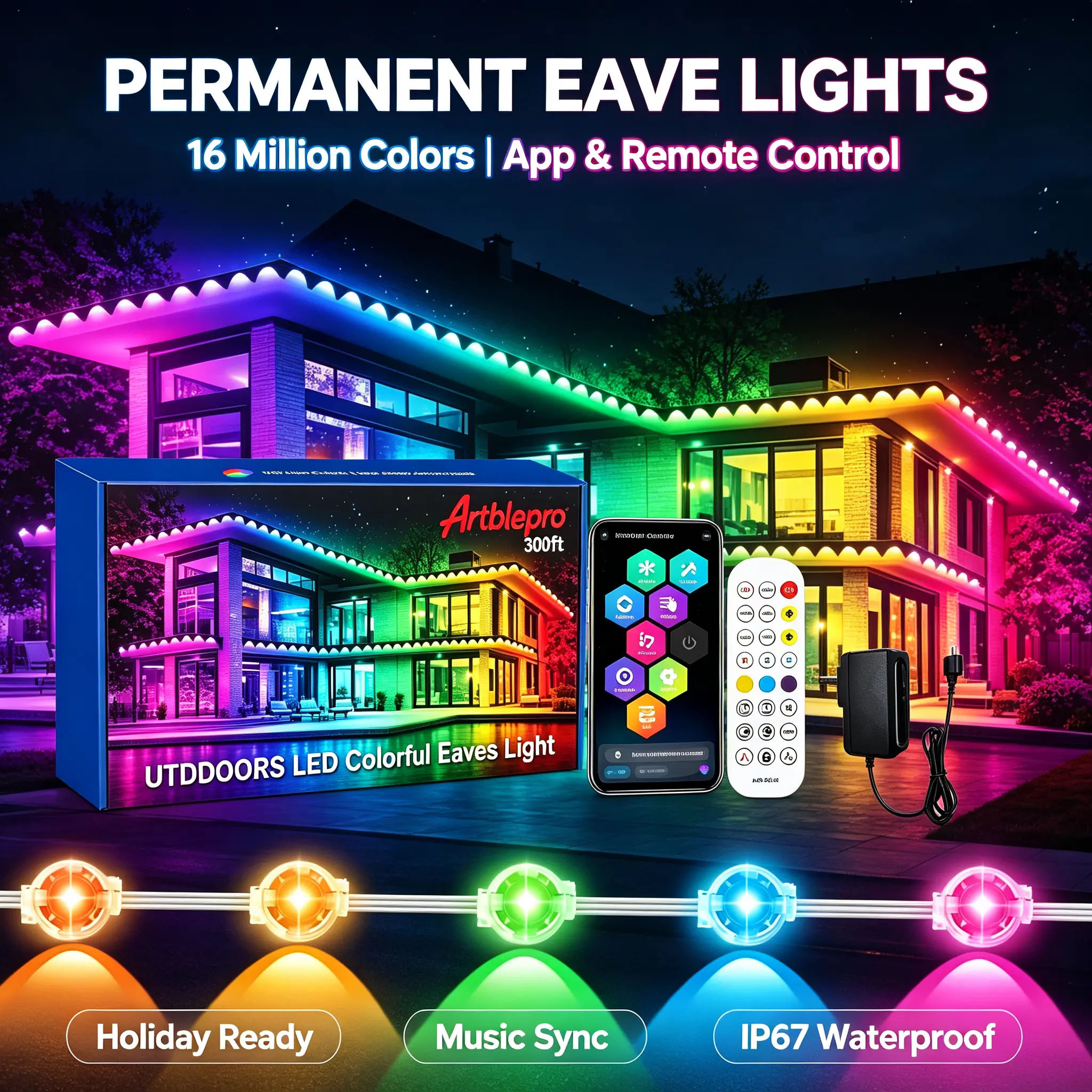 Artblepro 2026 New Release 300FT Permanent Eaves Lights, RGBIC Smart Outdoor App & Voice-Controlled Music Sync DIY Decor for Holiday & Daily Home Use
