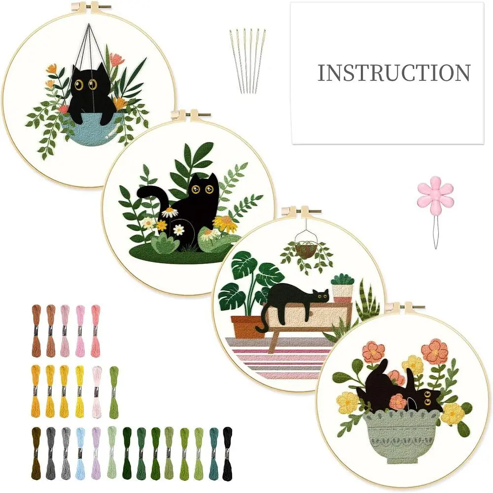 Cartoon Cat Pattern Embroidery Kit, 4 Counts/Set Embroidery Kit with Random Color Tools, DIY Embroidery Supplies for Beginner, Comprehensive Kit, Instructions, Stylish Embroidery Kit, Embroidery Design Set, Embroidery Kit For Beginners, DIY Kits