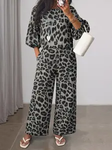 Women's Leopard Print 3/4 Lantern Sleeve Top + Bell Bottom Pants Set, Casual Loose-Fit Long Sleeve for Spring & Fall