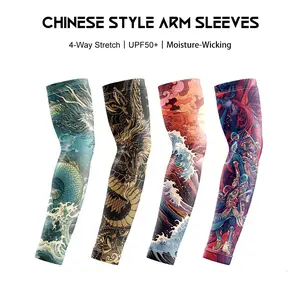 4-Pcs Chinese Style Tattoo Print Arm Sleeves for Men - Cooling Ice Silk UPF 50+ UV Protection, 4-Way Stretch Moisture Wicking for Riding Driving Hiking Golf Beach