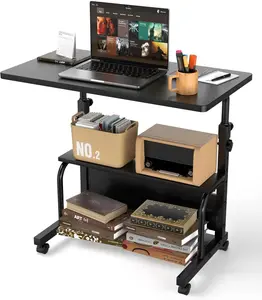 Portable Rolling Desk on Wheels Adjustable Height, 32 Inch Computer Desk for Small Spaces with Storage Shelves, Mobile Workstation Table for Home Office, Study, Laptop Writing Desk Black Compact Space Saving Desk
