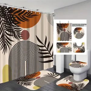 4pcs Medieval Striped Sun Shower Curtain Set, Anti-Slip Mat, Toilet Lid Cover, Bath Pad, Modern Bathroom Decor, 12 Hooks