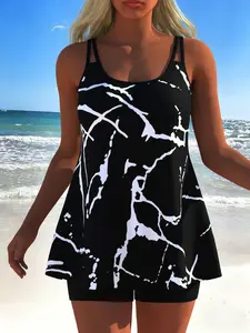 Women's Fashion Tankini Swimsuit Set, Beachwear for Summer 2026, Casual Slim-Fitting Swimwear, Random Print Design