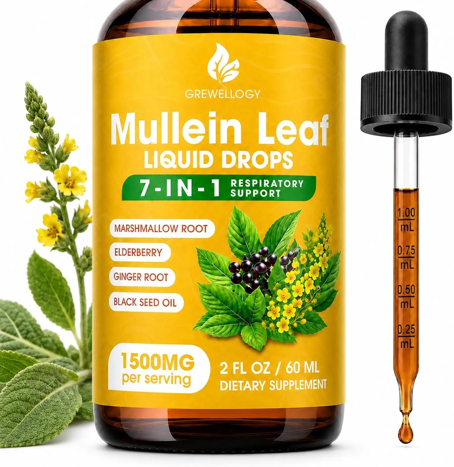 Mullein Drops for Lungs, 7-in-1 1500mg Mullein Leaf Liquid Extract for Lungs Cleanse and Respiratory Support, Lung Detox for Smokers Free Breathing, 2 Fl Oz | Mullein Leaf Drops | Smoker-Friendly 30 Servings, 60 mL