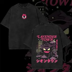 Unisex retro 90s PKM Lavender Town Ghost vintage washed graphic T-shirt, anime double-sided oversized heavy cotton streetwear top, comic fan merchandise gift kk34