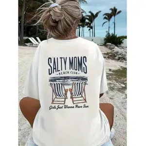 Womens Cotton Graphic Tee Salty Moms Beach Club Back Print Coastal Theme Shirt Retro Style Summer Vacation Top Soft Breathable Short Sleeve Crewneck Casual Outfit Gift Idea for Mom Life Trendy Aesthetic Everyday Wear