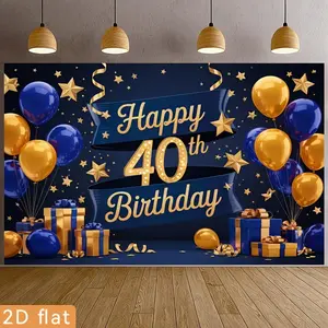 2D Flat Banner Polyester Photography Backdrop, HD digitally printed Happy 40th Birthday design featuring blue and gold balloons, sparkling stars, and gift boxes. Soft, lightweight, foldable background cloth for 40th birthday party