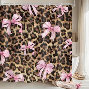 Pink Bow & Leopard Print Stylish Polyester Shower Curtain with Hooks - Feminine Modern Bathroom Accessory, Perfect for Home & Garden Decor