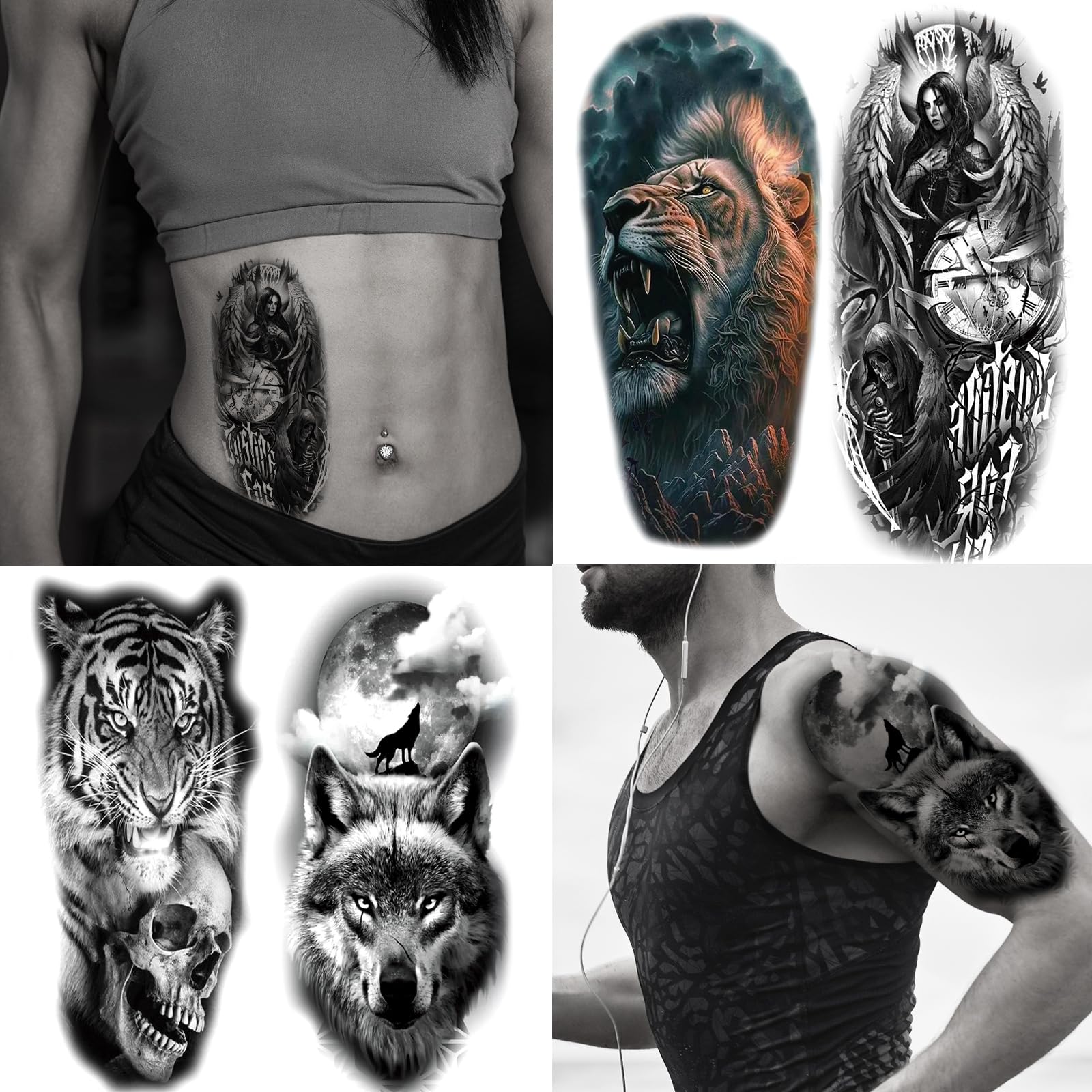 72 Sheets Temporary Tatoo 12 Large and 60 Medium-sizedsheets Black Arm Temporary Tattoos For Men Forearm WomenThigh, Half Sleeve Temporary Tattoos , Halloween Tattoos Scary Lion Wolf Tiger Skull Skeleton Tattoos Stickers