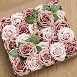 50pcs Roses And 8pcs Leaves Artificial Flowers Arrangement Holiday Decorations, Warm Taupe And Nude Home Kitchen Supplies, Vintage Foam Roses for Bouquets Boutonnieres Centerpieces, Wedding Bridal Shower Engagement Birthday Party Supplies Ornaments