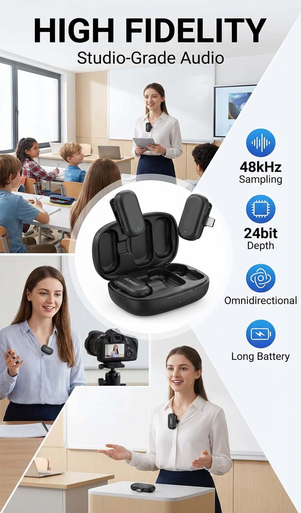 LYNXZ A8 Wireless Mini Mic | 2TX+USB-C | Magnetic | 48kHz/24bit | For iPhone 17/16/15 & Android | Vlog Podcast Streaming