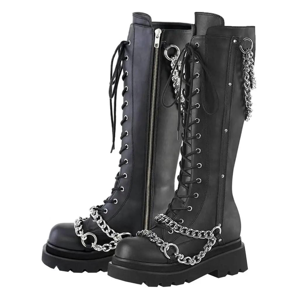 Women's Goth 5cm Chunky Heel Knee-High Platform Combat Boots, Lace-Up Motorcycle Footwear with Chain, Rubber Sole Shoe