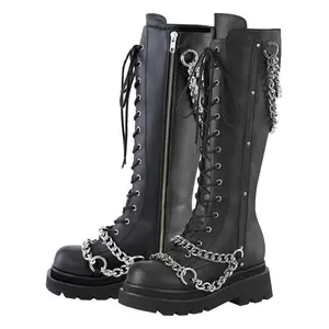 Womens Goth Knee High Platform Combat Boots Lace Up Chunky Heel Motorcycle Boots with Chain