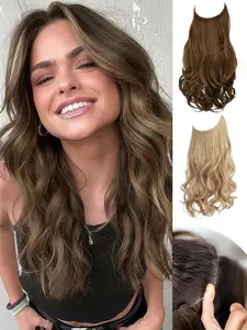 Invisible Wire Hair Extensions 18Inch Body Wavy Halo Hair Extensions，Halo Hair Extensions Wavy Curly Invisible Wire Hair Extensions Beige Blonde Hair Extensions Synthetic Fiber Double Weft Soft Hairpieces For Women