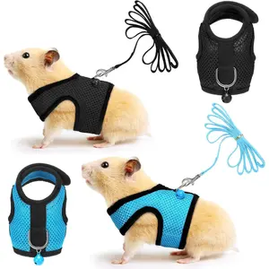 2 Pieces Guinea Pig Clothes Baby Ferret Rats Hamster Soft Mesh Harness Leash Vest Set with Bell for Guinea Pigs, Hamster, Ferret, Rabbit, Chinchilla and Similar Small Animals (Blue, Black,S)