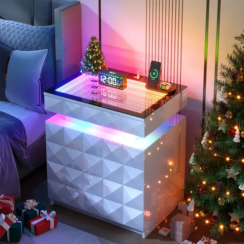 Dystler Modern Nightstand with Mic-Sync RGB Lights - Built-in LED Bedroom Furniture, Tempered Glass Sliding Tunnel Lighting Top, 3 Lockable Drawers, Hidden Storage, Charging Function, Assembly Required