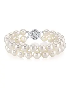 The Pearl Source Sterling Silver 7-8mm AAA Quality Round White Freshwater Cultured Pearl Double Strand Bracelet for Women