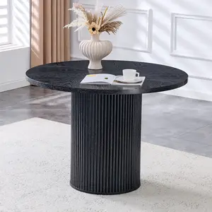 modern spliced circular dining table with a diameter of 42 inches, featuring black wood color textures fan-shaped diagonal color splicing board design, interpreting home aesthetics and practicality.