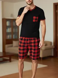 Men's Tee & Plaid Print Checkered Shorts Loungewear Set, Loose Casual Comfy Short Sleeve T-Shirt & Shorts Pajama Set Pjs, Men's Sleepwear for Summer