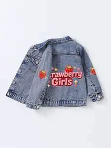 Girls Strawberry Denim Jacket, Cute Strawberry Girl Print, Long Sleeve Spring Outerwear, Comfortable Wear, Ages 8 and Below, Casual Comfy Jacket