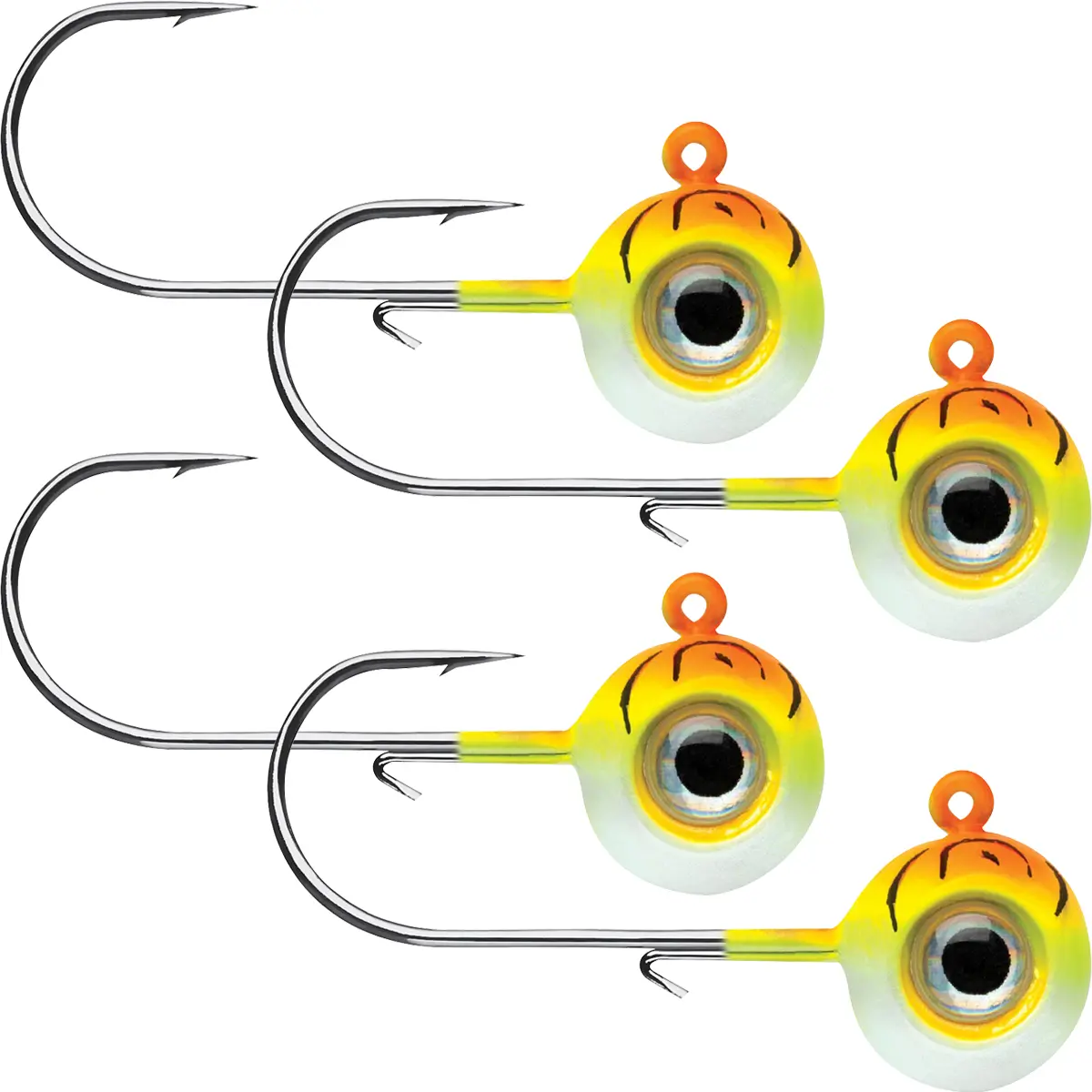 VMC Neon Moon Eye Jig - 1/4 oz, 4 Pack, Orange Fire UV Fish Lures - All Conditions, High-Carbon Steel, Holographic Eyes, Hook Size 2/0