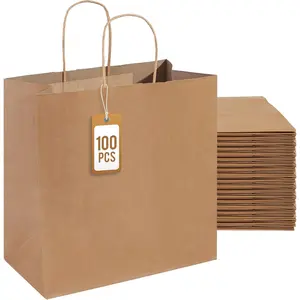 100 count Brown Paper Bags with Handles, Large 11x6x11 Inch  Grocery Shopping & Retail Merchandise Bag,  Bags Bulk for Weddings, Parties, Baking