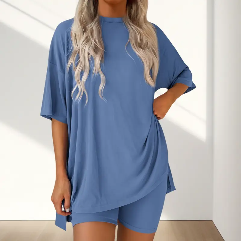 Women's 2-Piece Cloud-Soft Casual Pajama Loungewear Set - Minimalist Basic Round Neck Oversized Wrinkle-Resist Top, Split-Hem Freedom Stretchy Biker Shorts, Soft Cotton Blend for Airport Travel & Home Retreats