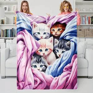 1pc Cute Kittens In Soft Folds Flannel Blanket, Valentine'S Day Romantic Cozy Gift For Bedroom Sofa, Skin-Friendly Fluffy Warm Pet Lover'S Blanket