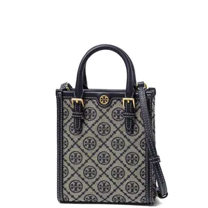 Tory Burch T Monogram Mini Tote Bag in Navy Blue with Fabric and Leather Construction for Men and Women