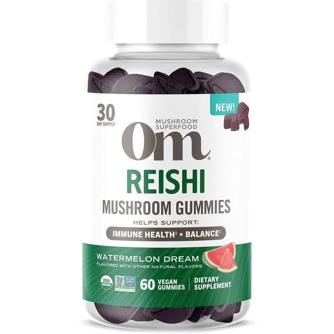 OM MUSHROOM SUPERFOOD Reishi Gummies – USA Grown Organic Mushrooms – Supports Immune Health, Balance & Stress Relief – Watermelon Dream Flavour – 30 Servings, 60 Count.