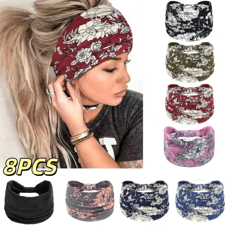 8pcs Knotted Wide-Edge Stretchy Headbands - High Elasticity Anti-Slip Breathable Workout Hairbands with High Stretch Hold, Moisture-Wicking Soft Comfort for Fitness, Daily Wear & Post-Surgery