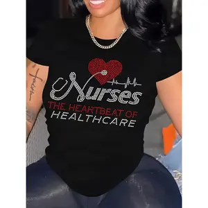 Women's Nurses Print T-Shirt - Short Sleeve Crew Neck Nursing Scrub Top with Lettering & Patches, Spring Summer Fall Attire for Healthcare Professionals, Machine Washable Casual Blouse for Nursing Scrubs