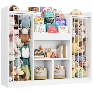 ONBRILL Two Wooden Stuffed Animal Storage Toddler Toy Organizer with 4-Tier Kids Bookshelf & 3 Open Cube Shelves Multifunctional Bookcase for Playroom Nursery