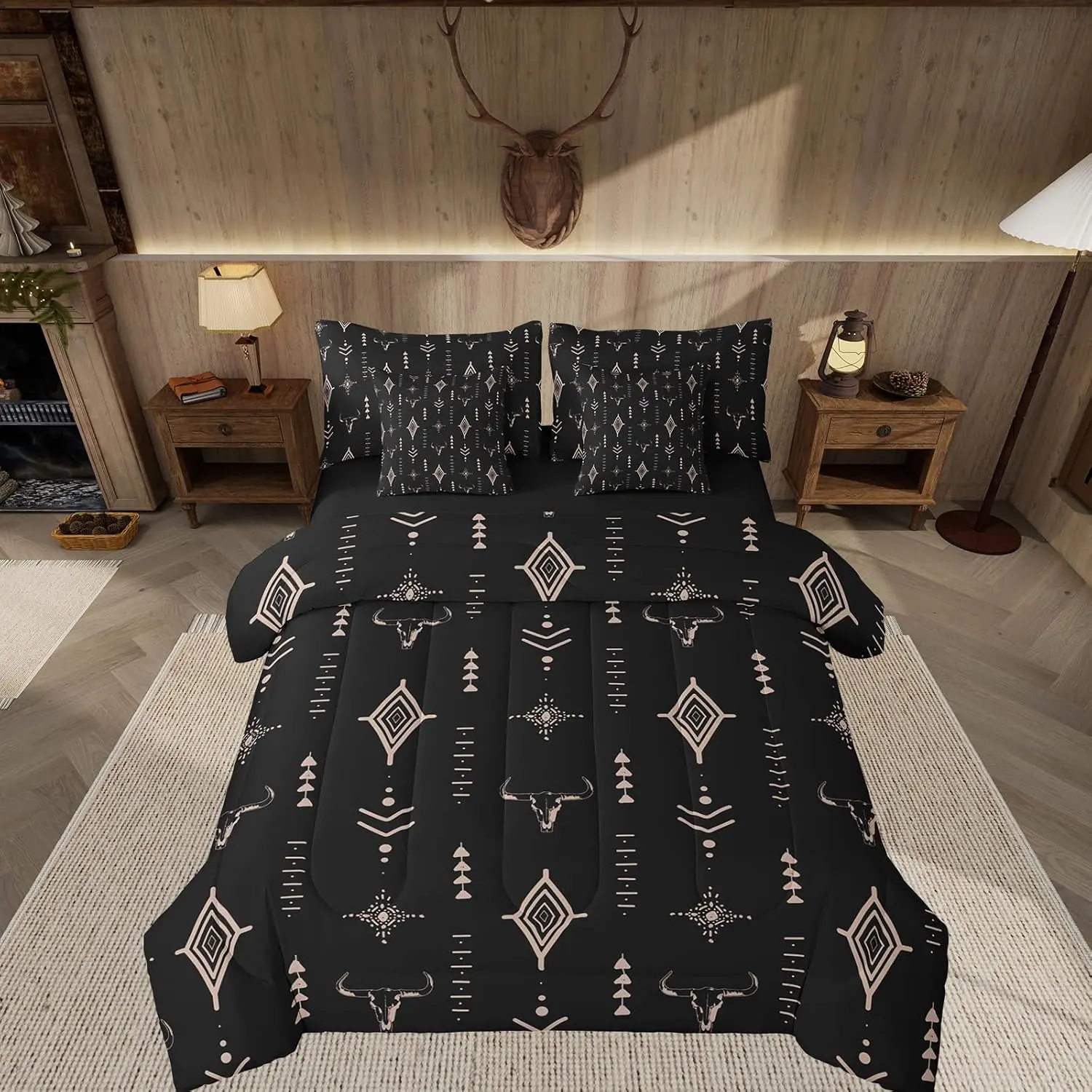 Feelyou Queen 7-Piece Rustic Western Quilt Set Bedding - Durable Breathable High-Tensile-Strength Microfiber Comforter, Sheets, Black Brown Boho Ethnic Aztec Tribal Bull Skull Cow Pattern, Machine Washable for Adults