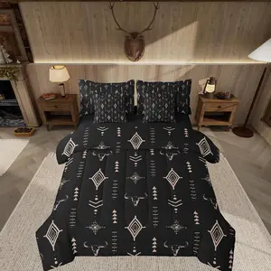 Rustic Western 7 Piece Bedding Set,Western Tribal Bull Skull Bed in A Bag,Adult Black Brown Boho Ethnic Aztec Cow Pattern Comforter Set with Sheets
