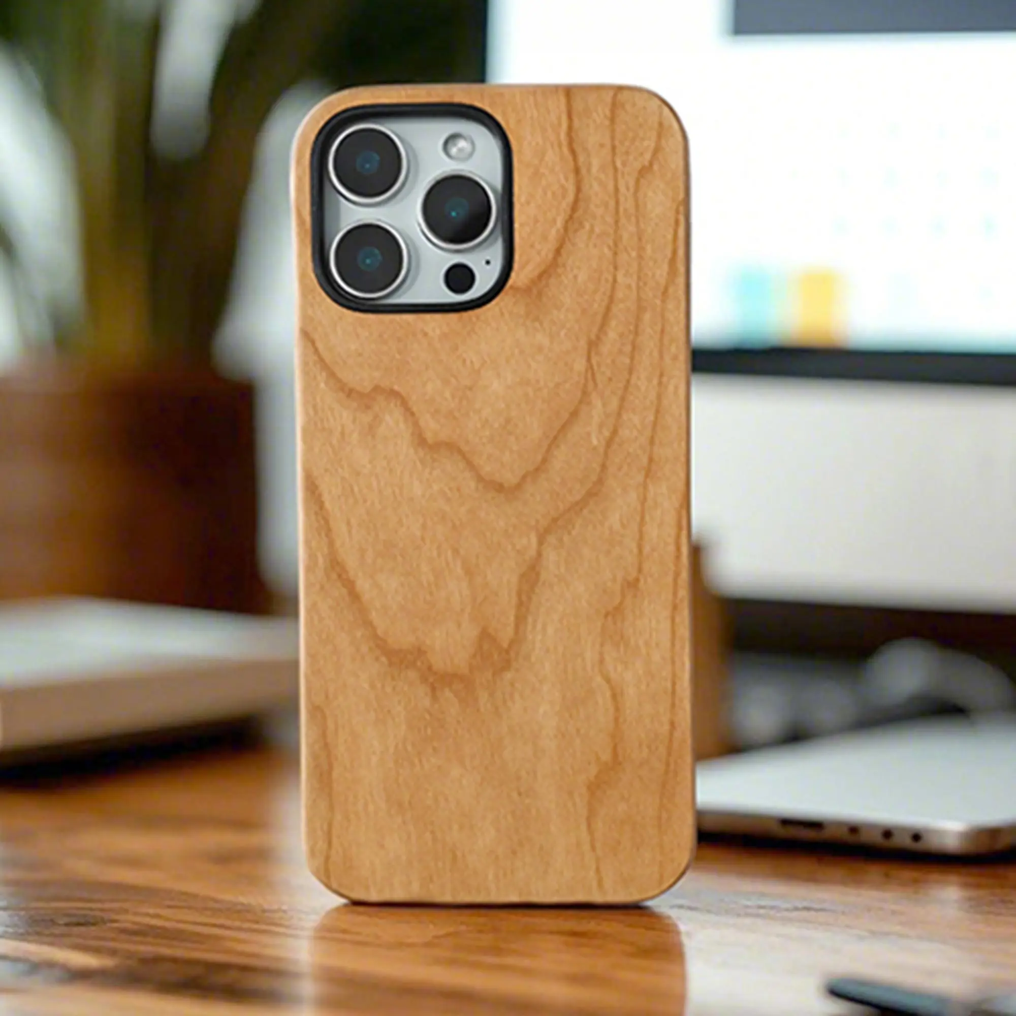 Luxury Shockproof Nature Cherry Wood Phone Case for iPhone 16, 16 Pro, 16 Pro Max Waterproof Cases Cover