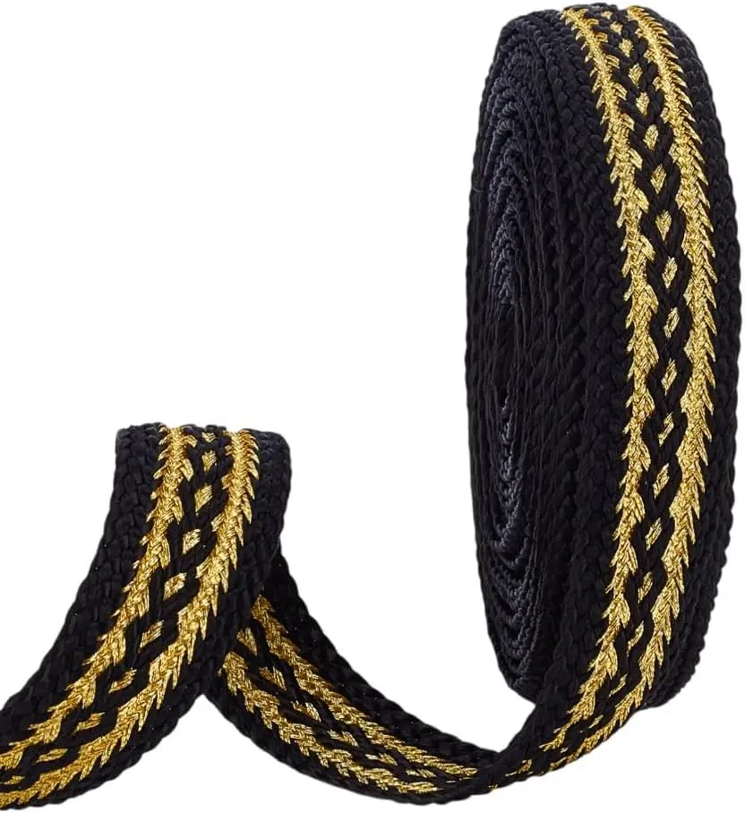 5 Yards Ethnic Gimp Braid Trim, 3/4Inch Wide Polyester Jacquard Ribbon Trim with Gold Jacquard, Boho Embroidered Vintage Woven Ribbon for Cloth DIY Crafts Sewing Jewelry Making Decor, Black