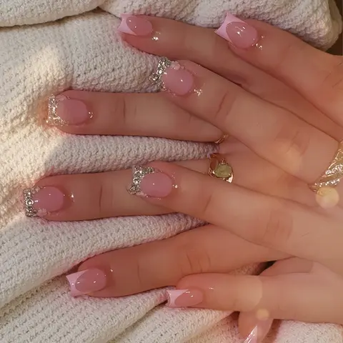 24pcs French Tip Press-On Nails, Decorative Nails, Bling Rhinestone & Flower Design, Reusable False Nails with Jelly Glue & Nail File, Perfect for Daily Wear & Parties, Fake Nails Kit