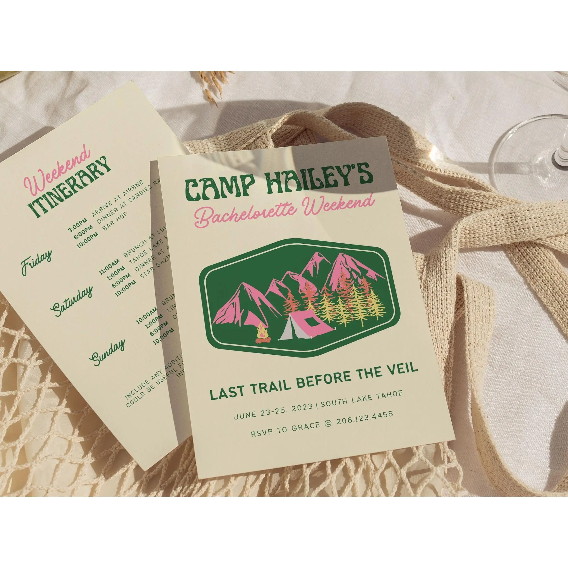 Camp Bachelorette Party Invitation and Itinerary, Mountain Bachelorette, Last Trail Before The Veil, Girl Trip Weekend