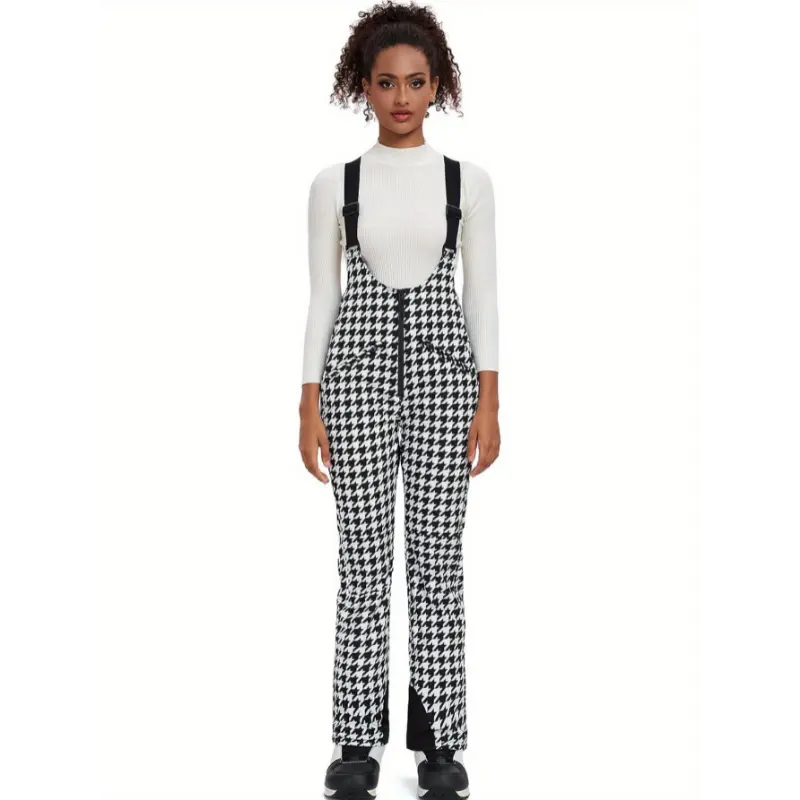 [Houndstooth Snowboard Bib Pants] Waterproof Houndstooth Snowboard Bib Pants - Cozy Warmth, Women's Insulated Ski Overalls with Adjustable Straps and Pockets, Warm Winter Outdoor Gear for Snowboarding & Hiking