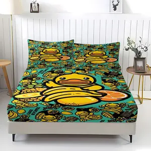 3-Piece Set Of Small Yellow Duck Patterned Bed Sheets, Including 1 Bed Sheet And 2 Pillowcases (Excluding Pillow Core), Comfortable Bedding, Non Slip Suitable For Bedrooms, Suitable For Children And Teenagers As Gifts And Decorations