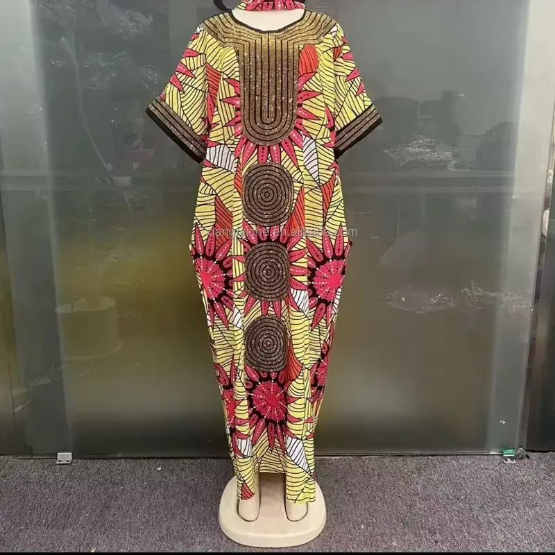 2026 African Ethnic Style Red Background Sunflower Print Hot Stamping Long Robe Large Size Loose Short Sleeved
