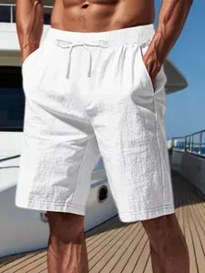 Men's Linen Shorts with Elastic Waist and Drawstring, Loose Fit Side Pockets, Summer Casual Style for Yacht Beach Vacation Daily Wear