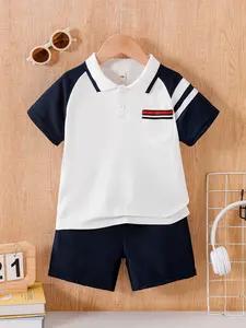 Boys' Summer Casual Set, Half-Open Collar Top & Blue Elastic Waist Shorts, Loose-Fitting Geometric Pattern