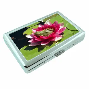 Frog on Lotus Flower and Lily Pad Aquatic Theme Metal Case Wallet