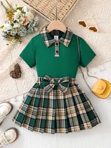 Girl's Plaid Print Short Sleeve Top & Bow Decor Plaid Print Skirt Two-piece Set, Casual Top & A-line Skirt for Daily Wear, Girl Clothes School, Kids Summer Clothes, Outfit